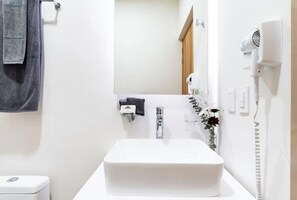 Chuveiro, secador de cabelo, toalhas de banho, sabonete