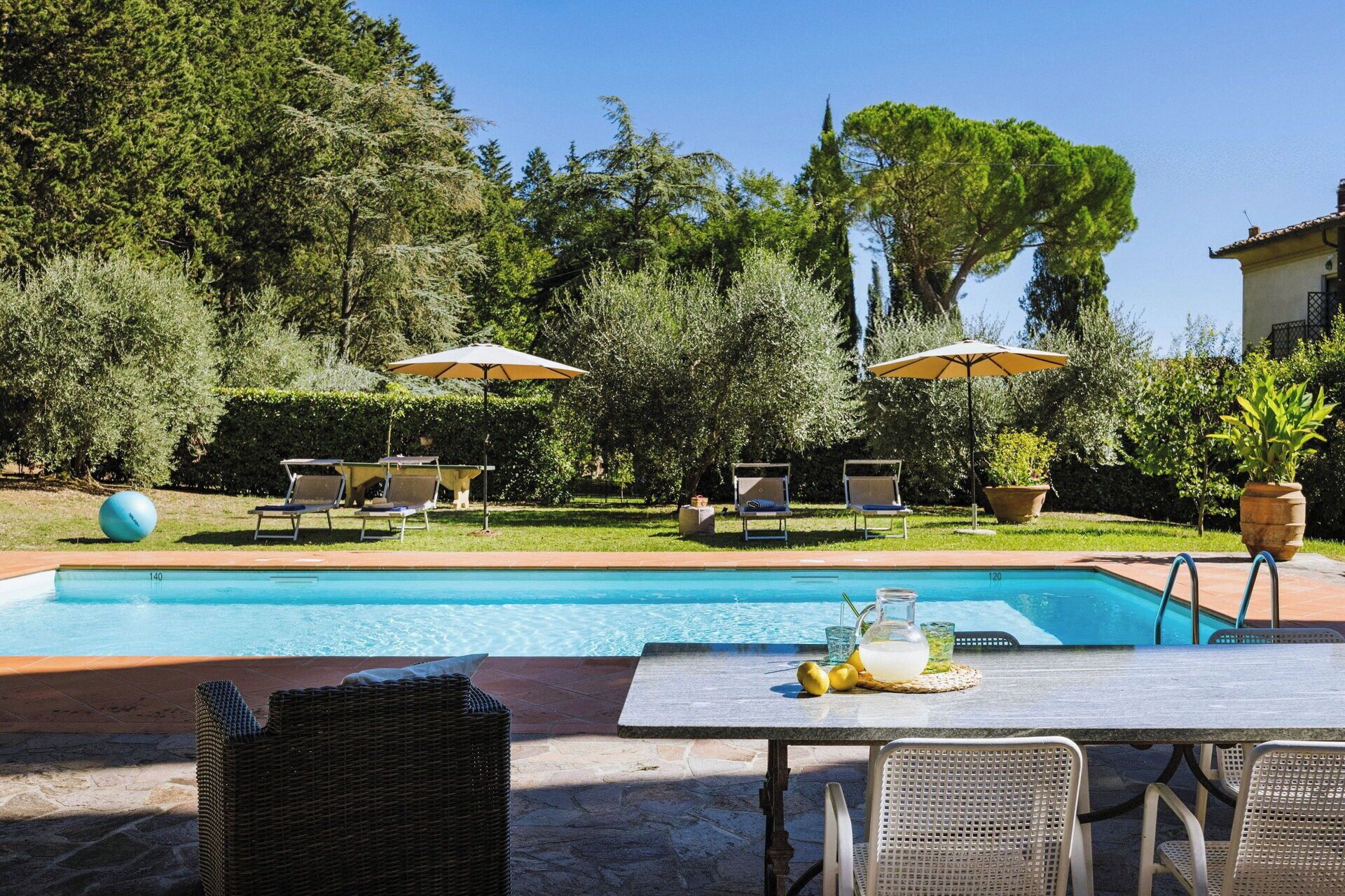 A swimming pool with lounge chairs and umbrellas, surrounded by greenery.