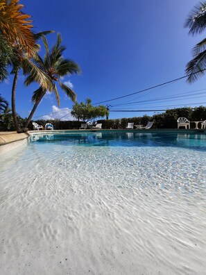 Une piscine aux eaux cristallines, bordée de chaises longues blanches et de palmiers.