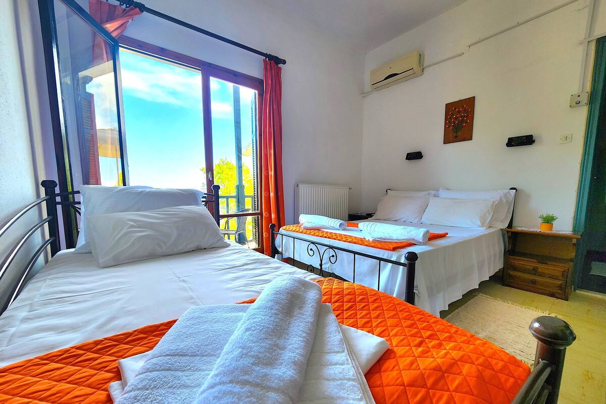 Een kamer met twee bedden, een raam met gordijnen, een airconditioning en een kleine bloempot met plant.
