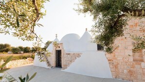 A white building with a stone wall and a gate, surrounded by olive trees. - Trullo Delle Stelle by Wonderful Italy (Ostuni)