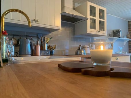 Fridge, oven, stovetop, coffee/tea maker. One bedroom, indoor fireplace. Right beside beach.