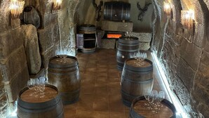 A stone-walled room with wooden barrels arranged in a semi-circle, a fireplace, and a stone bench. - CASA PEQUE (Laguardia)