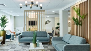 Una sala de estar moderna con dos sofás grises, una mesa de centro y una planta decorativa.