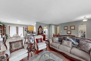 TV, fireplace, books