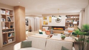 A modern living room with a fireplace, a sofa set, and a bookshelf. - Zenao Appart’hôtels Le Raincy (Le Raincy)