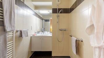 Shower, towels, toilet paper