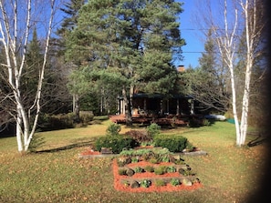 A residential property with a well-maintained lawn, a wooden deck, and a variety of trees.