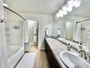 Hair dryer, towels, soap, shampoo
