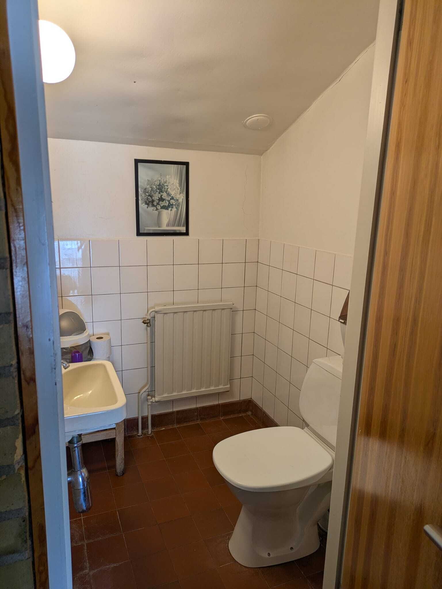 A small, compact bathroom with a toilet, a sink, and a radiator.