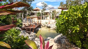 Un complex turístic amb piscina, zona de seients a l'aire lliure i vegetació exuberanta.