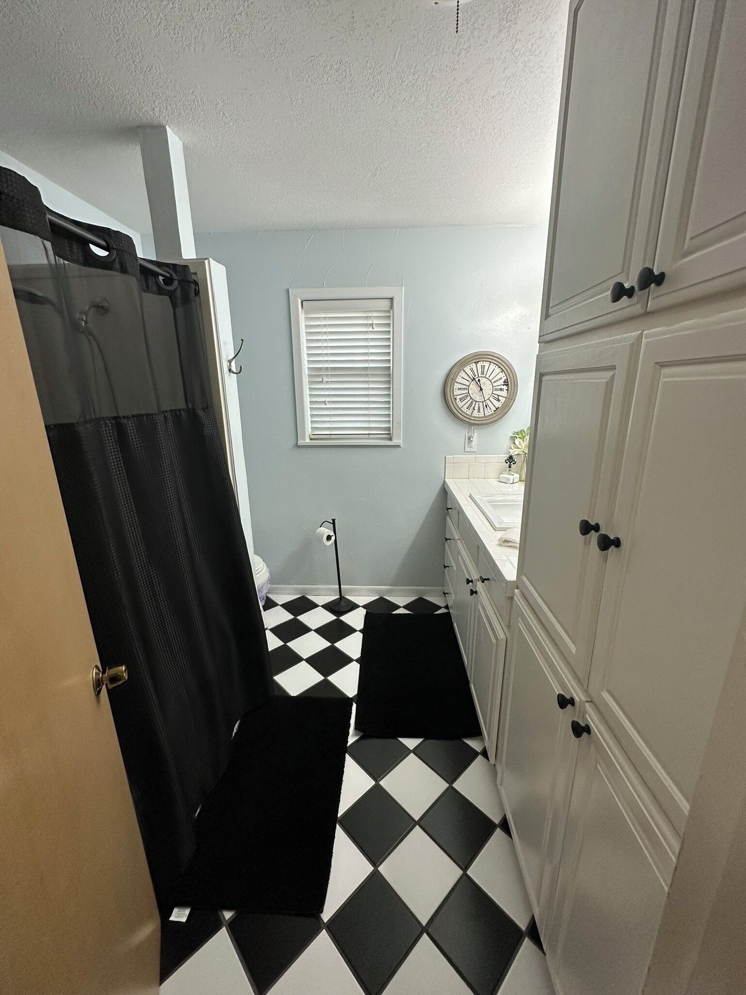 A bathroom with a checkered floor, a shower curtain, a toilet paper holder, and a clock on the wall.