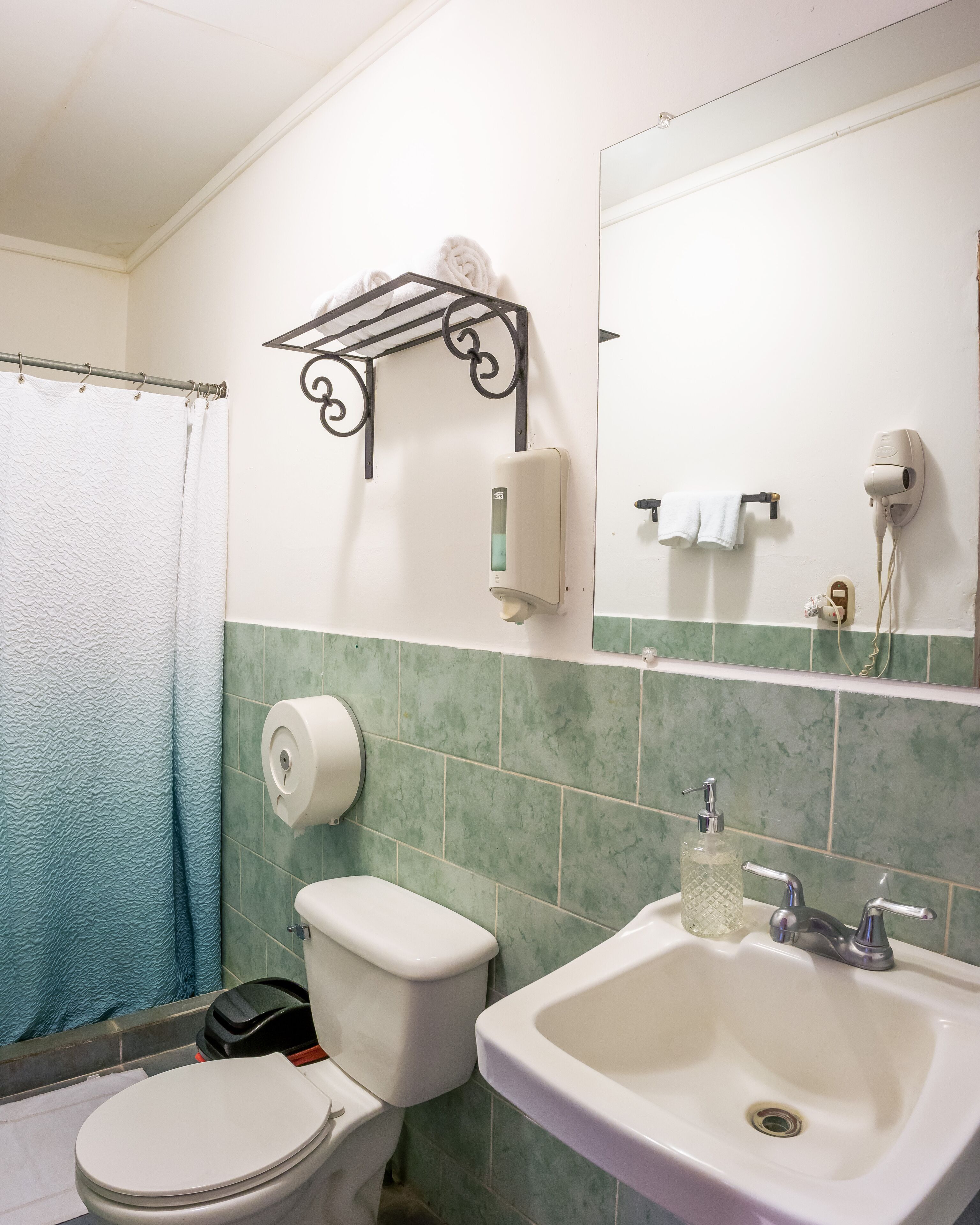 A bathroom with a toilet, sink, and shower curtain.