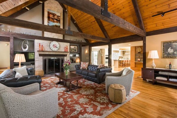 Smart TV, fireplace, books, video library