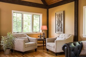 Smart TV, fireplace, books, video library