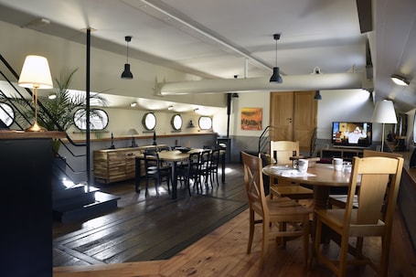 Dining. Atypical accommodation on a barge