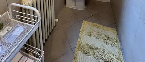 Une petite salle de bain comprenant des toilettes, une douche et un radiateur.