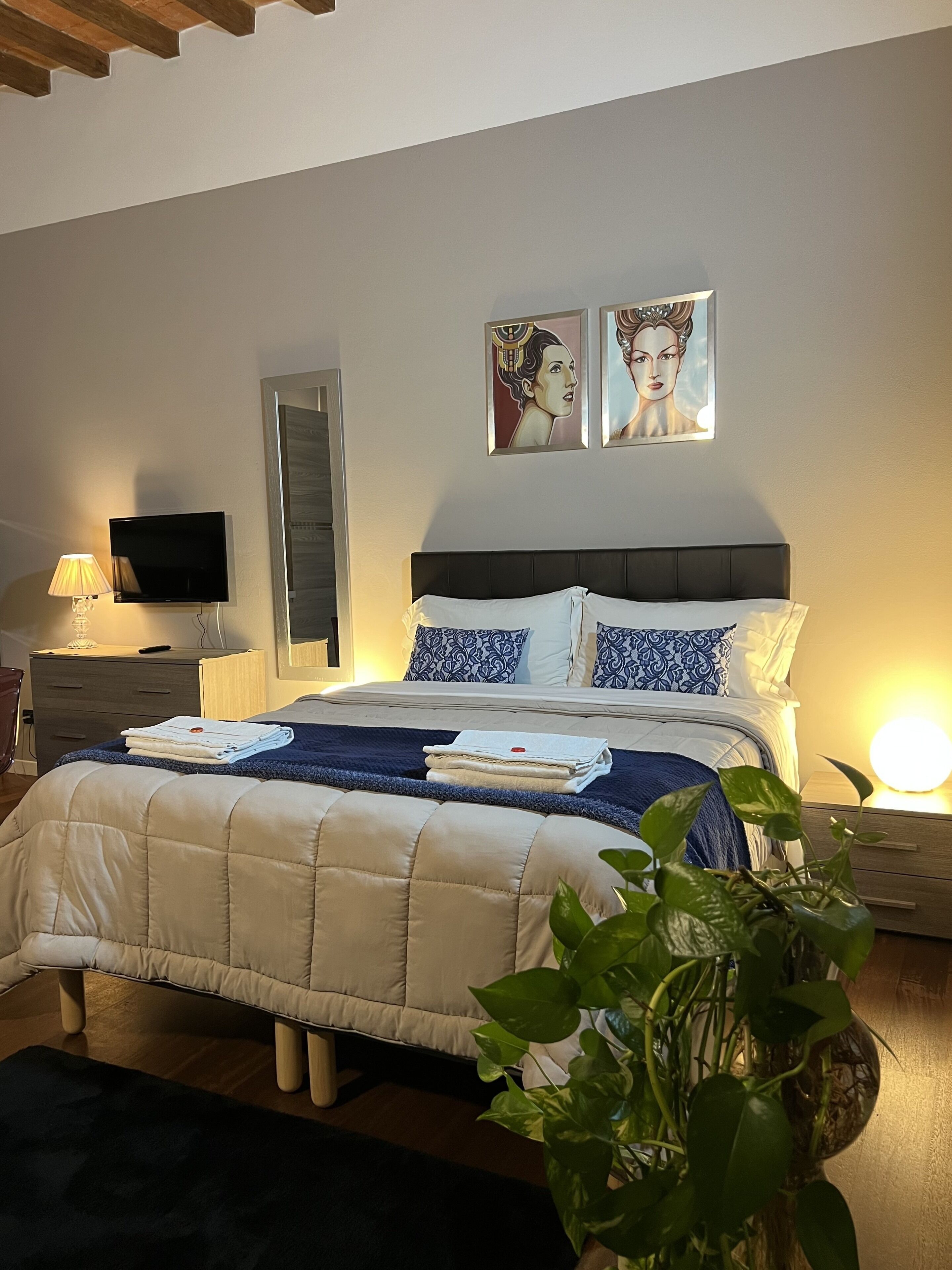 A bedroom with a bed, bedside tables, a TV, artwork, and a plant.