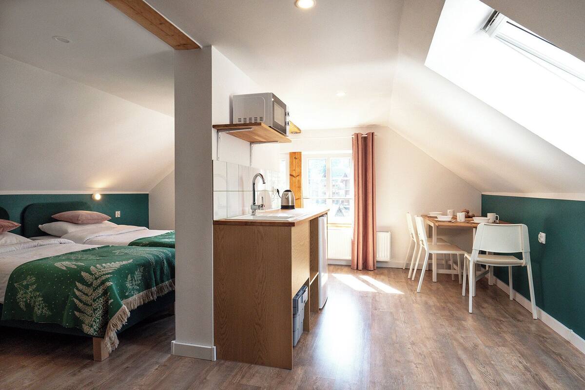 A compact, modern room with a loft-style bed, a kitchenette, and a dining area.