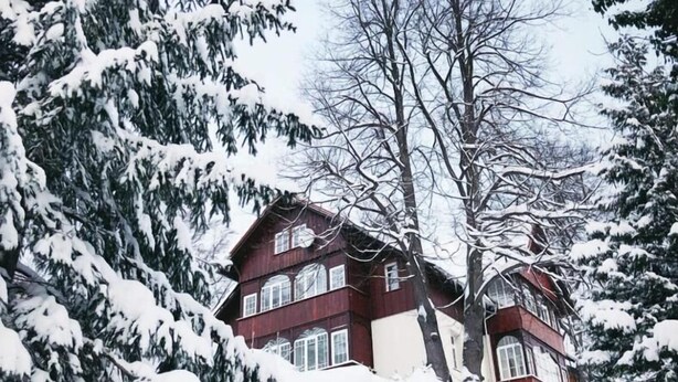 A two-story building with a symmetrical facade, surrounded by snow-covered trees. - Willa Dąbrówka (Karpacz)
