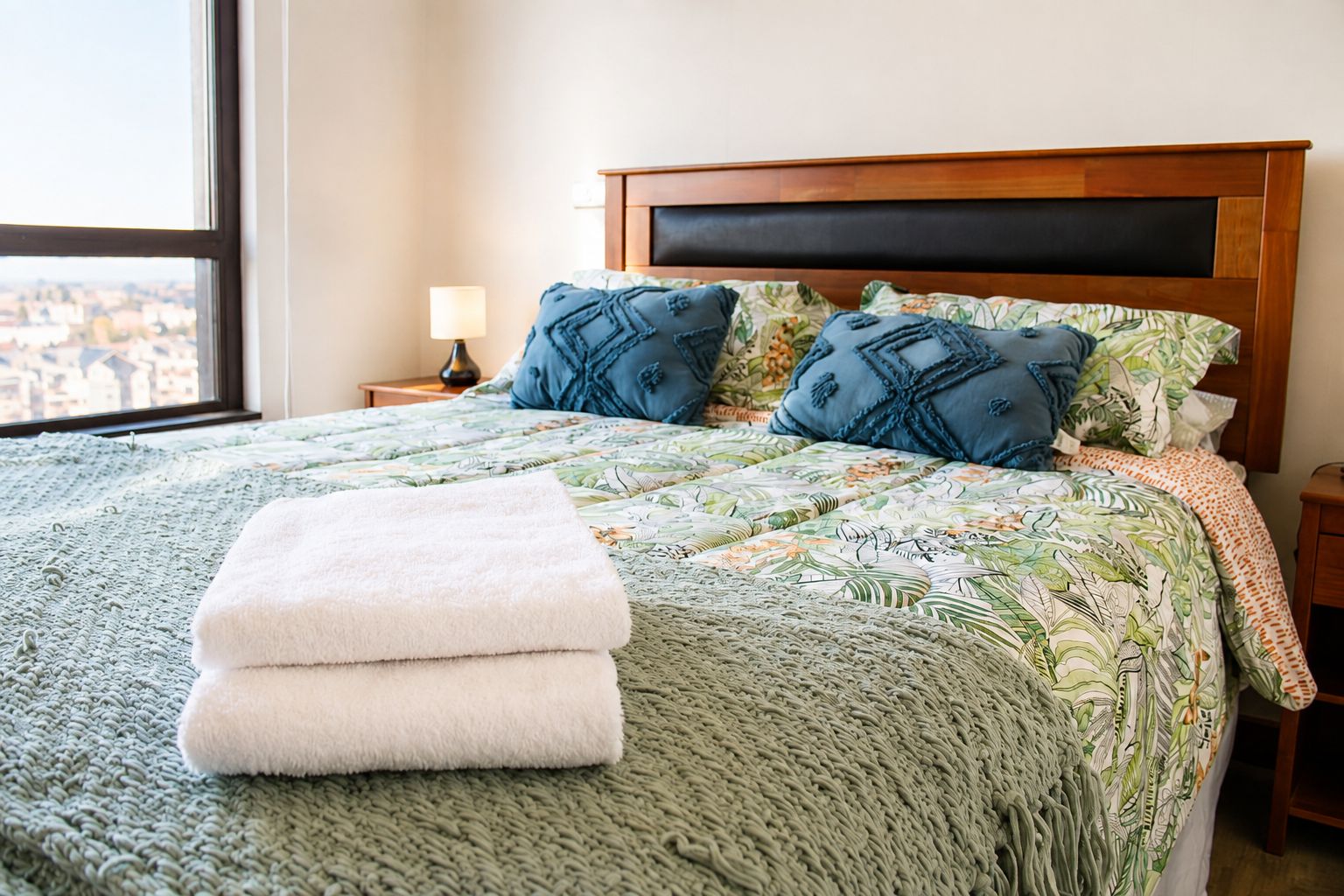 A bed with a floral bedspread, two pillows, and a folded white towel.