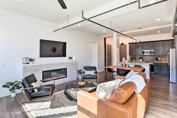 TV, fireplace, books