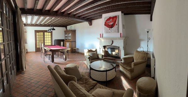 Smart TV, chimenea y libros 