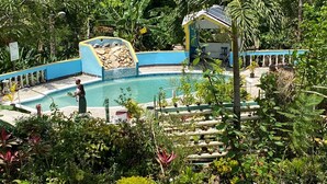 A pool area with a waterfall feature, surrounded by lush greenery and potted plants. - Tapioca Village Retreat (Castleton)