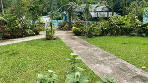 A tropical garden pathway leading to a blue building with a corrugated metal roof. - Tapioca Village Retreat (Castleton)