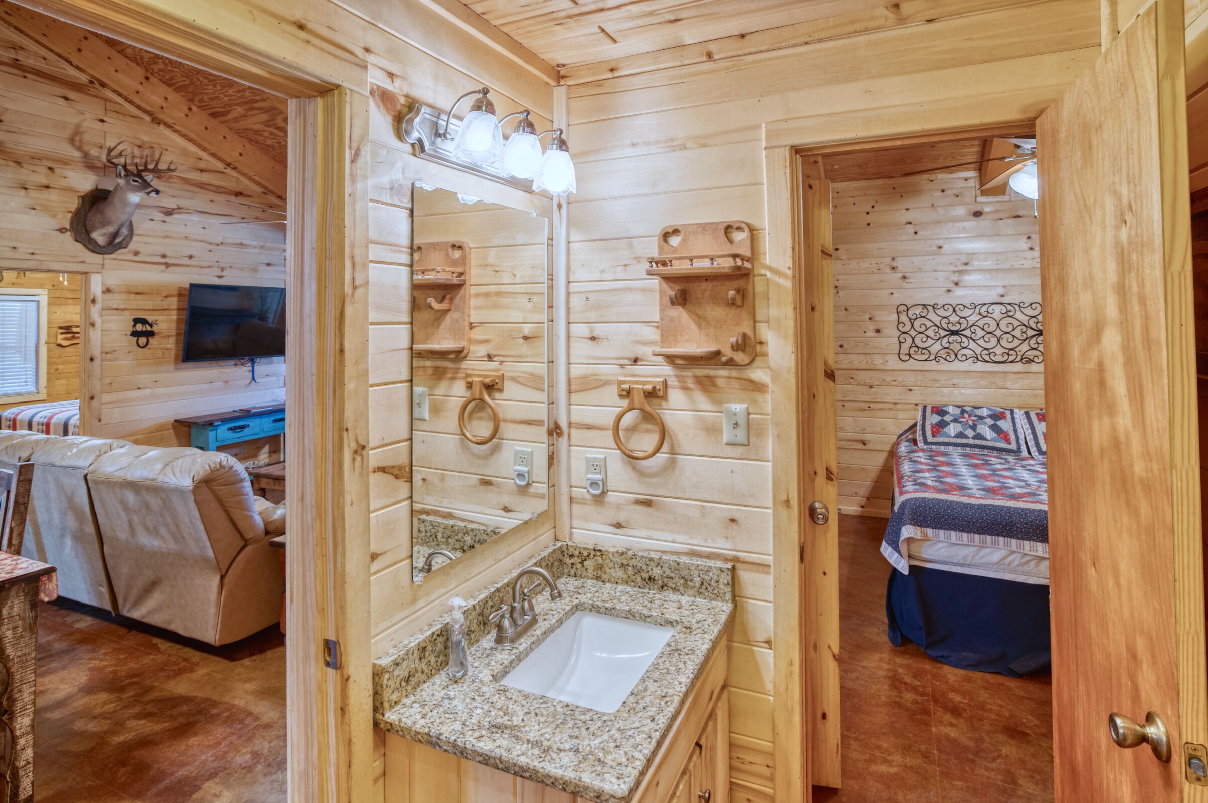 A wooden cabin interior with a bathroom, a bed, and a television.