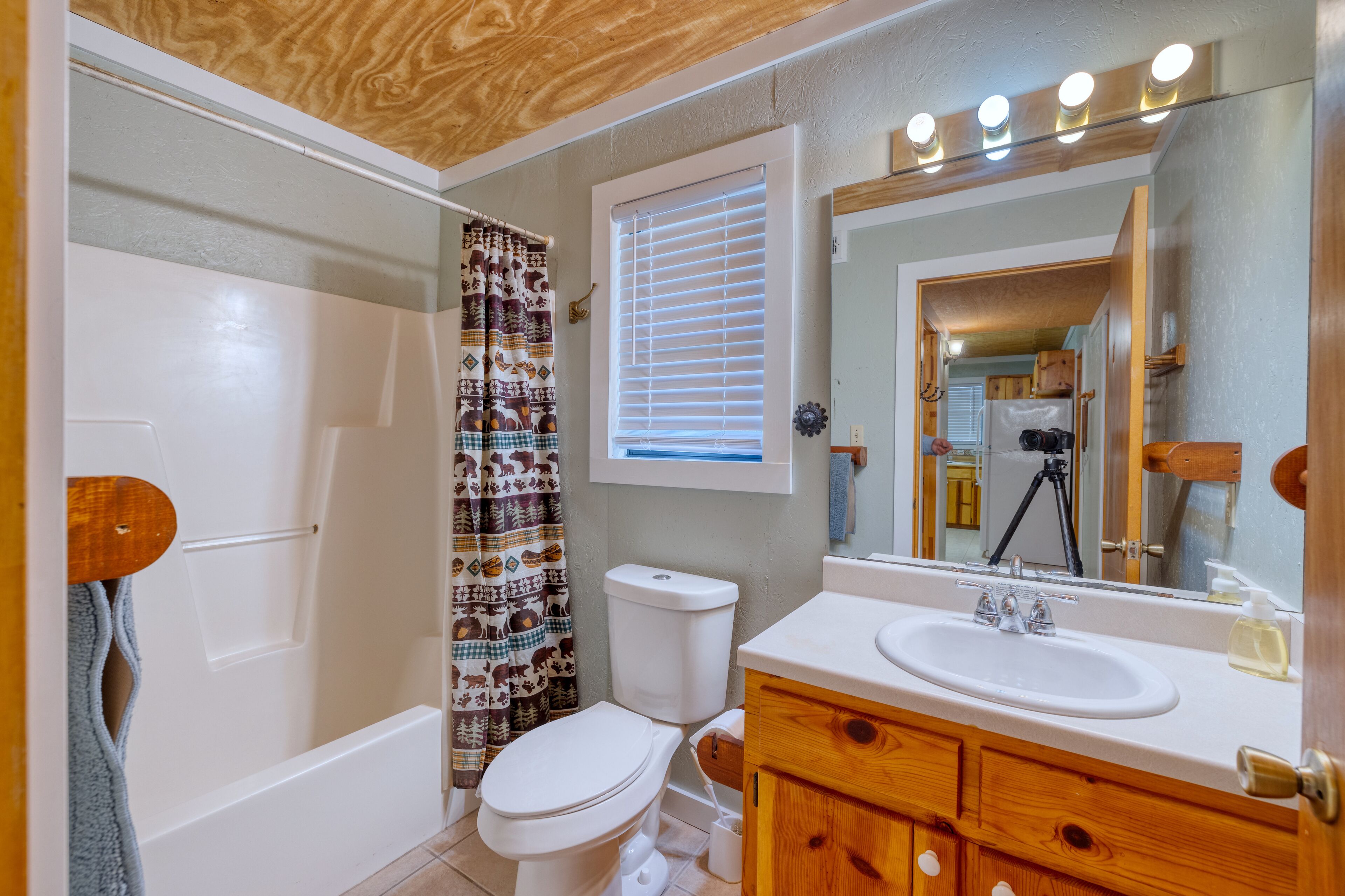 A bathroom with a shower, toilet, sink, and vanity.