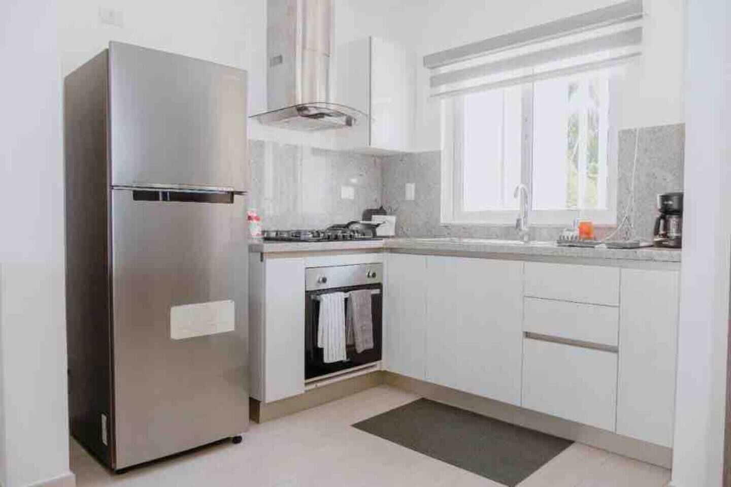 Fridge, microwave, oven, cookware/dishes/utensils