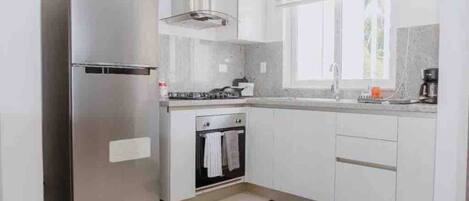 Fridge, microwave, oven, cookware/dishes/utensils