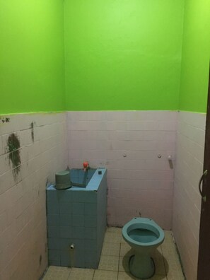 Un baño pequeño con pared de azulejos verde y blanco, un inodoro azul y una bañera azul con grifo.