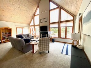 Una Smart TV, una chimenea, videojuegos, libros