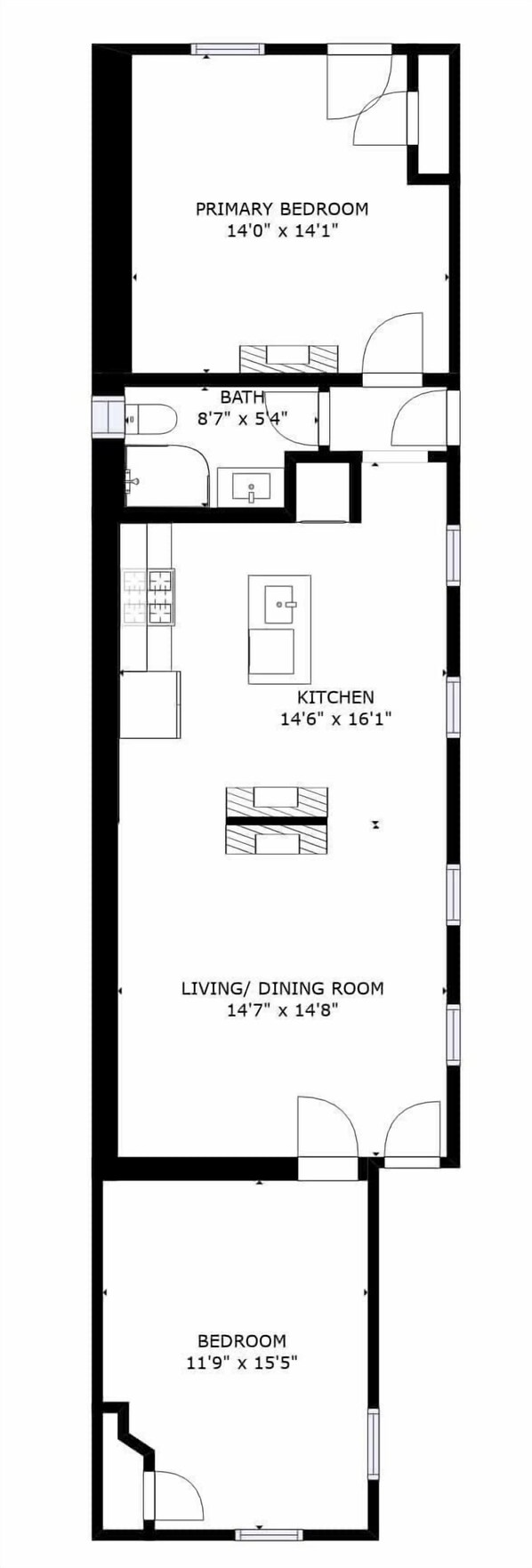 Plan d’étage d’une maison comprenant une chambre principale de 4,27 m x 4,29 m, une salle de bain, une cuisine de 4,42 m x 4,90 m, un salon/salle à manger de 4,45 m x 4,47 m et une chambre de 3,58 m x 4,70 m.