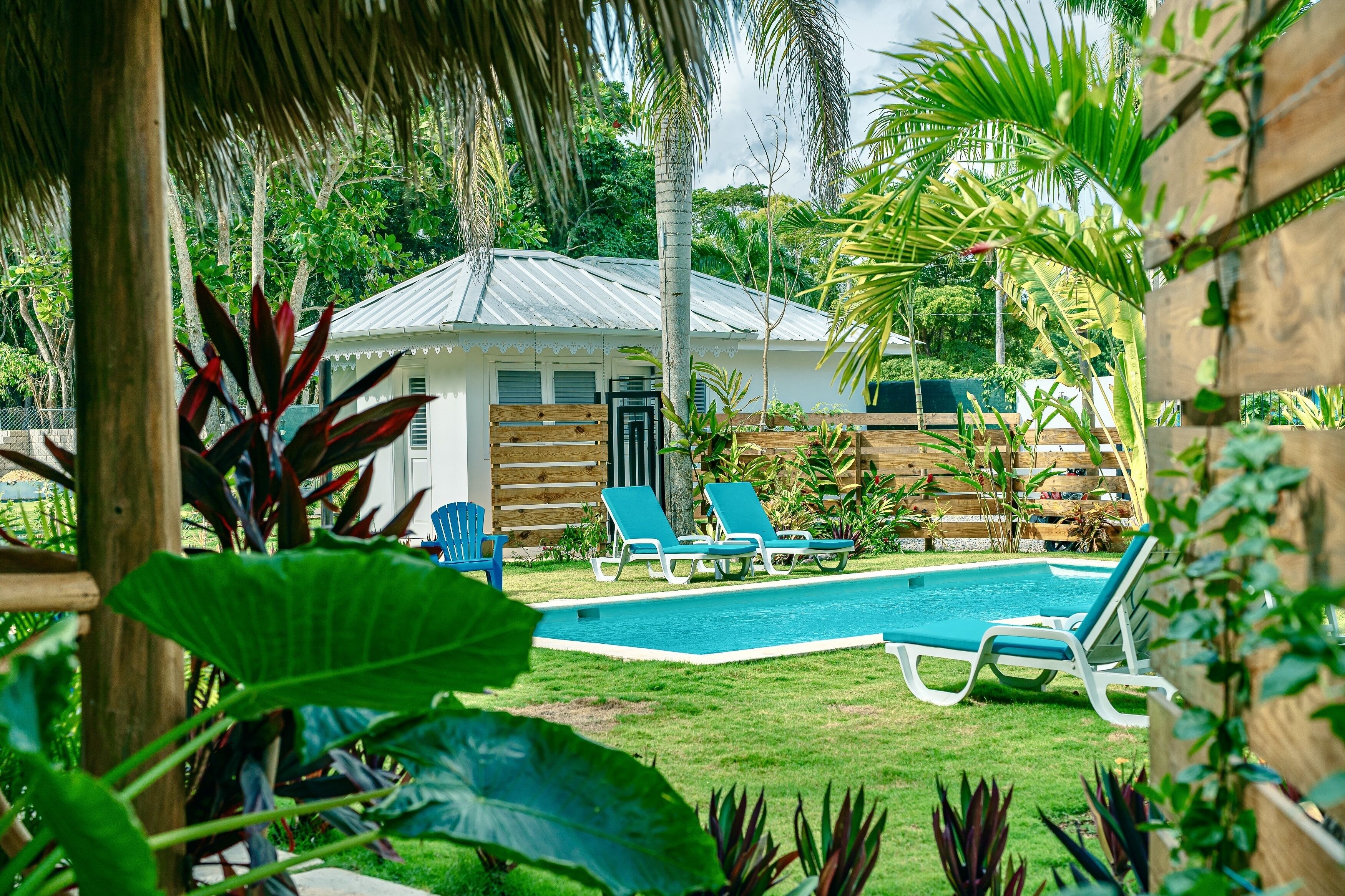 Piscine extérieure, parasols de plage, chaises longues