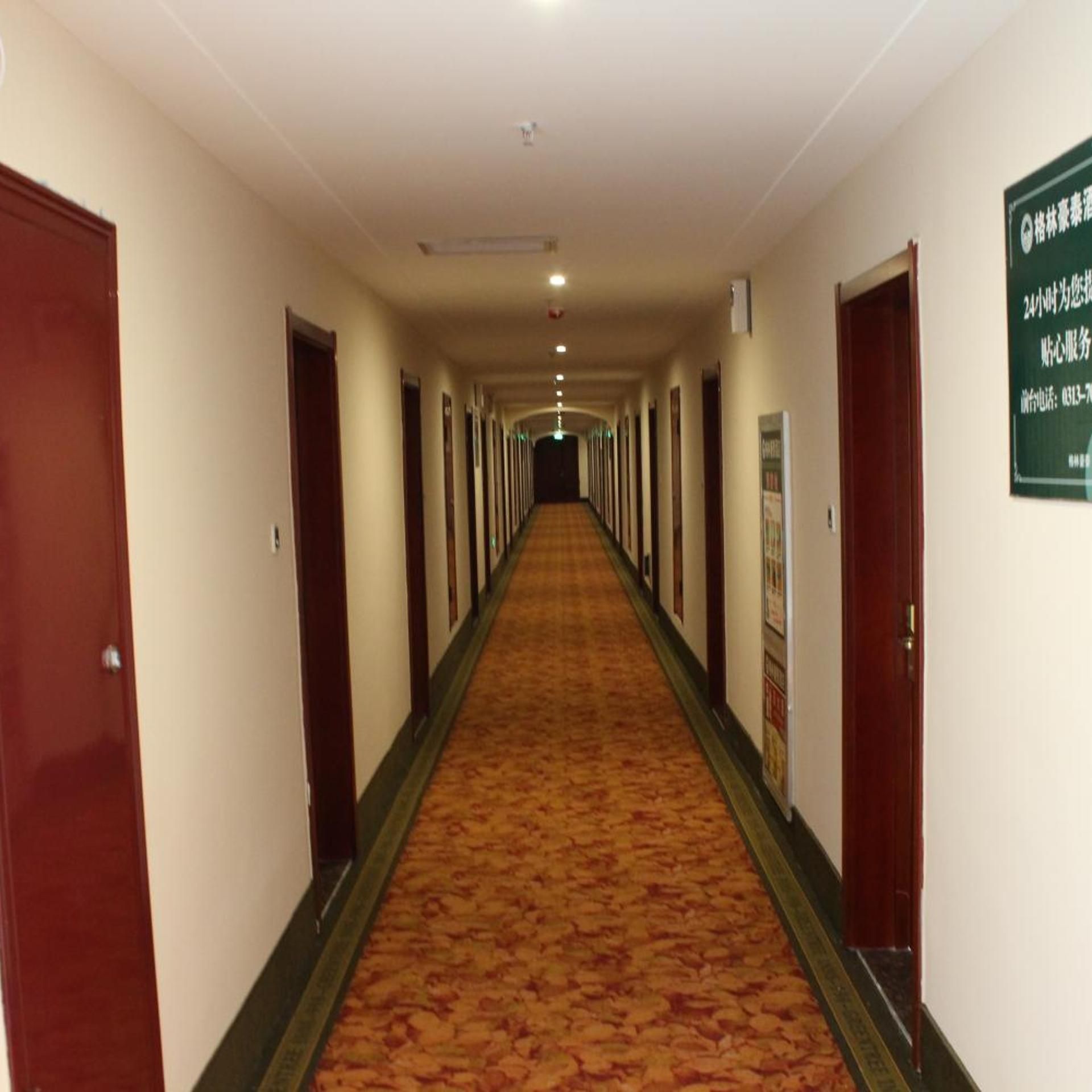 A hotel corridor with doors on both sides, a carpeted floor, and a sign on the right wall.