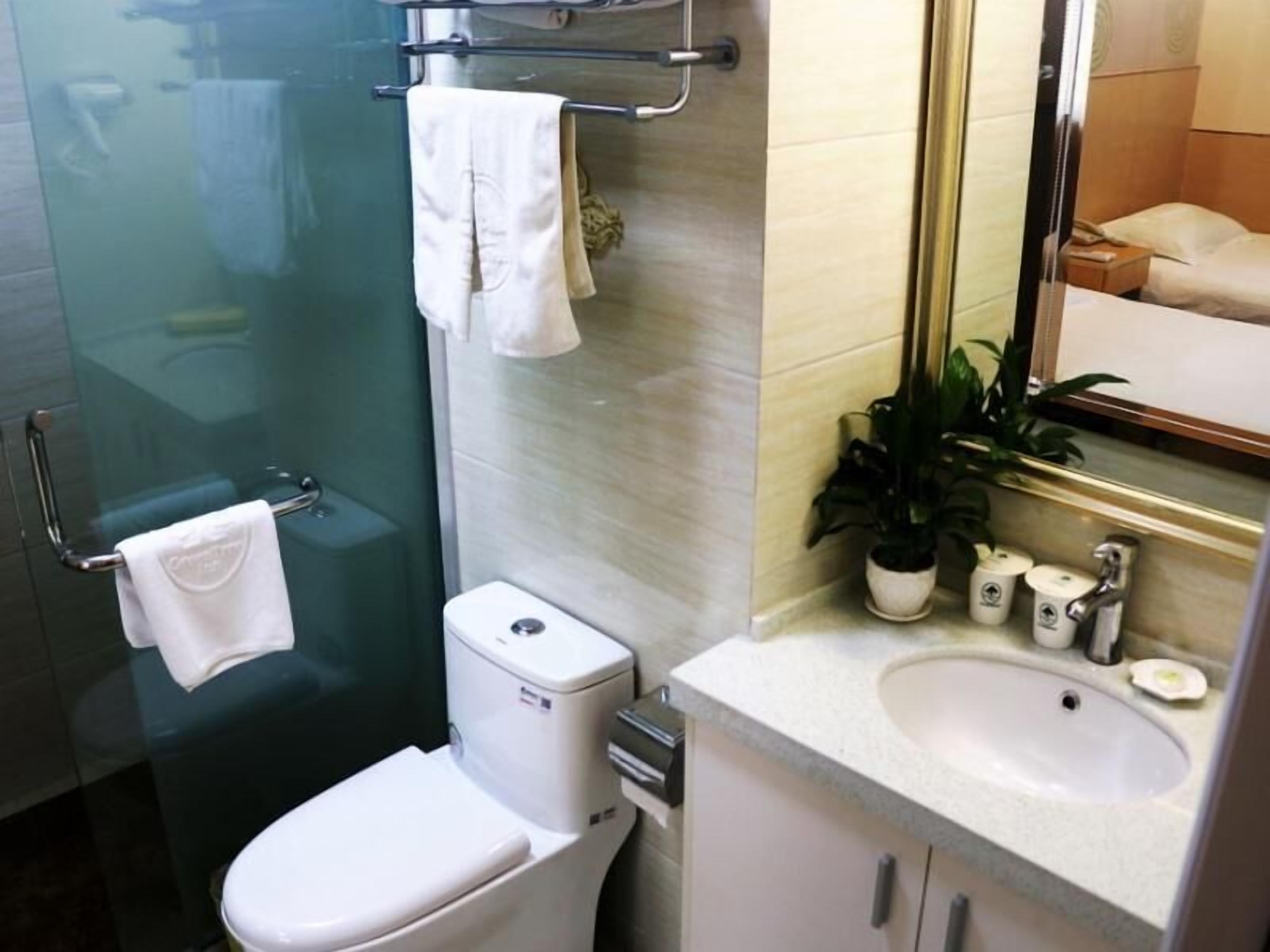 A modern bathroom with a glass shower enclosure, a toilet, a sink with a mirror, and a potted plant.