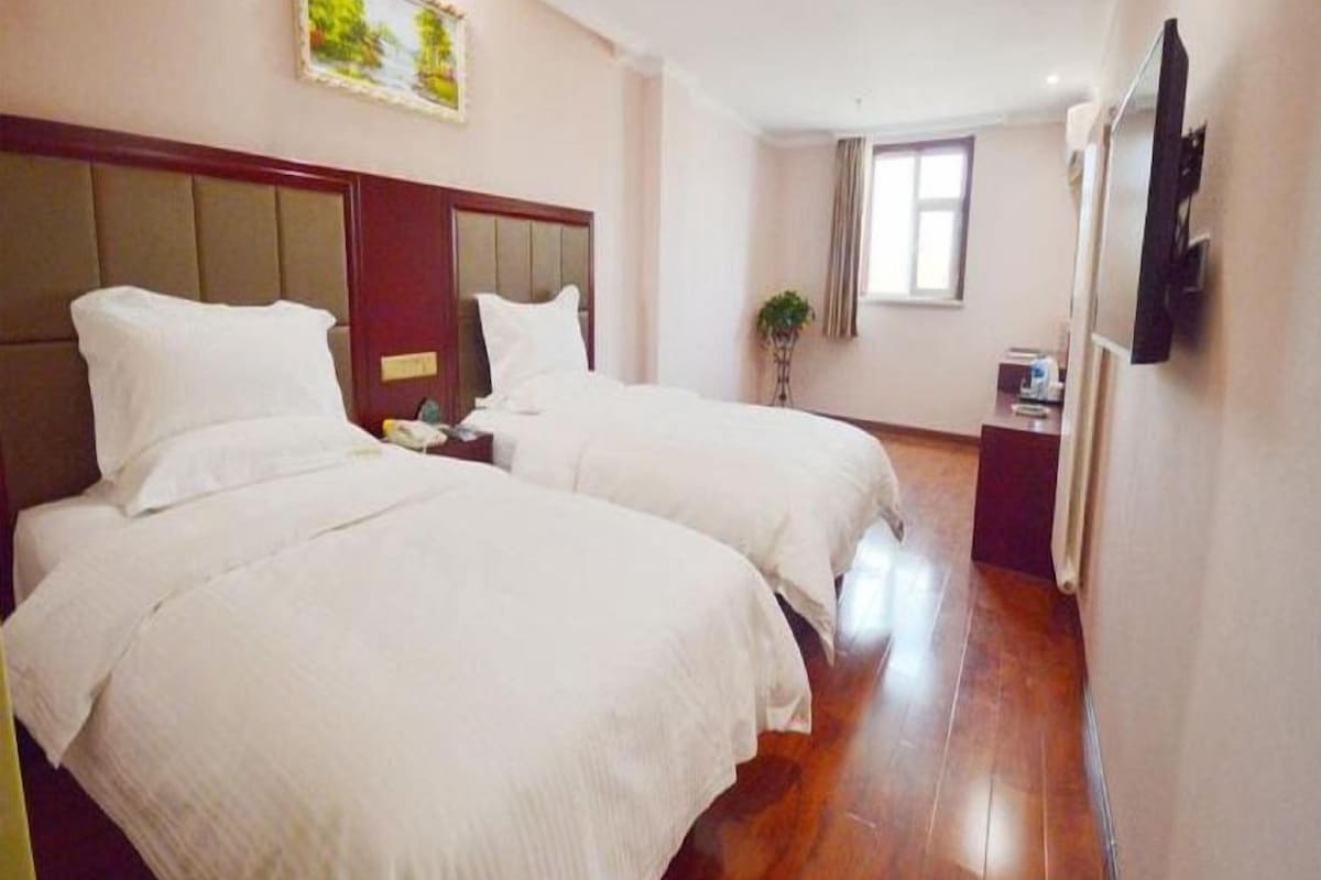 A hotel room with two beds, a television, a window, and a plant.