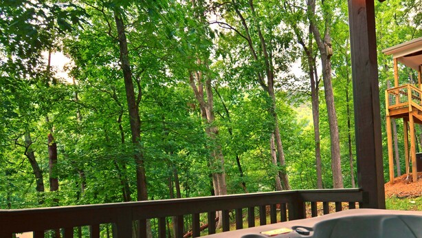 Un bain à remous doté d’une cascade, entouré d’une terrasse en bois et d’arbres.