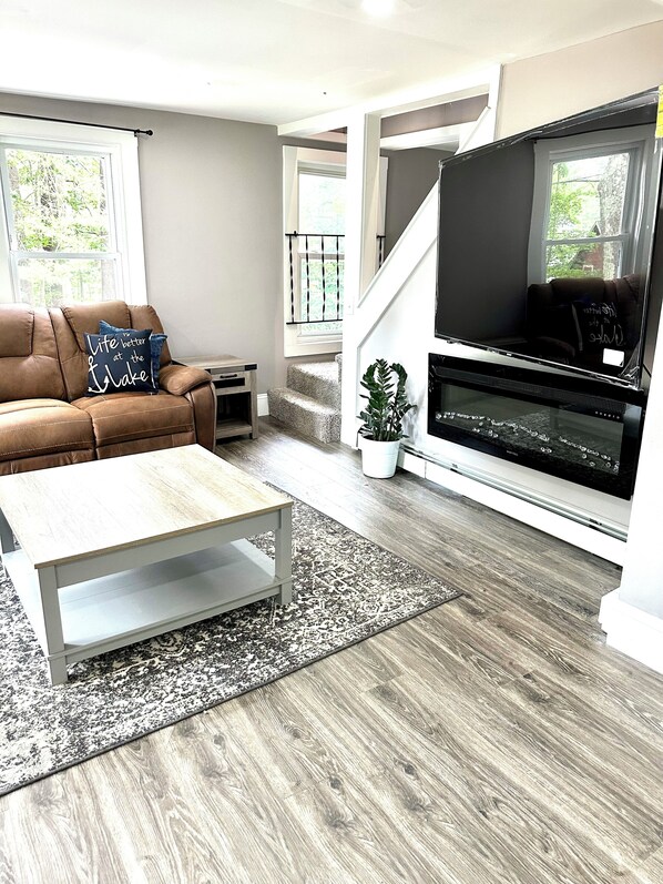 Smart TV, fireplace, books