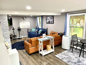 Smart TV, fireplace, books