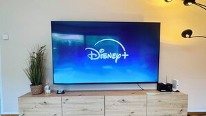 Un téléviseur à écran plat fixé sur un meuble de rangement en bois, avec le logo Disney+ affiché sur l’écran.