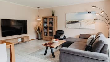 Een smart-tv, boeken en een filmbibliotheek