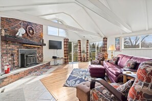 TV, fireplace, books