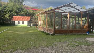 A conservatory with a glass roof, surrounded by a grassy area and a small building with a red roof.