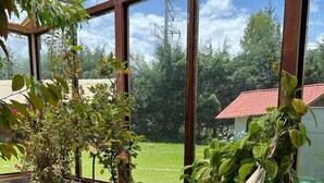 A room with large windows, a hammock, and various plants. - RESORT ALAPA (San Jerónimo de Tunán)