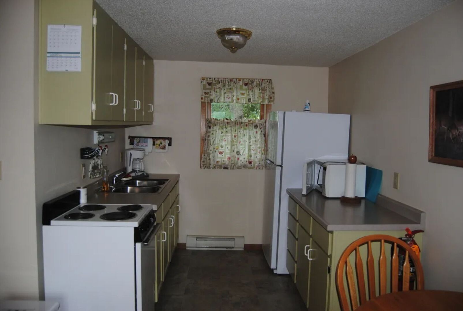 Fridge, microwave, cookware/dishes/utensils, paper towels