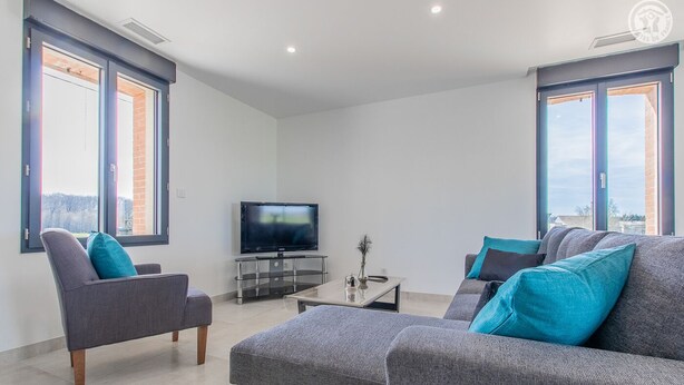 A modern living room with a flat-screen TV, grey sofas with blue cushions, and large windows offering a view of the outside.